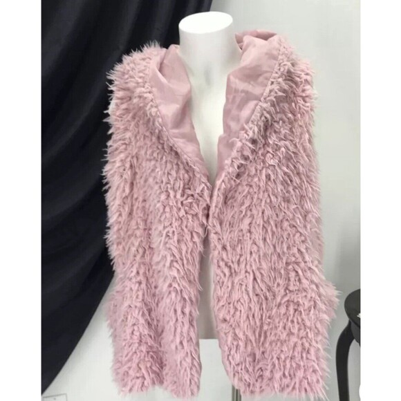 A.N.A. Womens Pink Faux Sheep Fur Hooded Jacket Vest Pockets Cozycore Large Coat - Picture 2 of 16